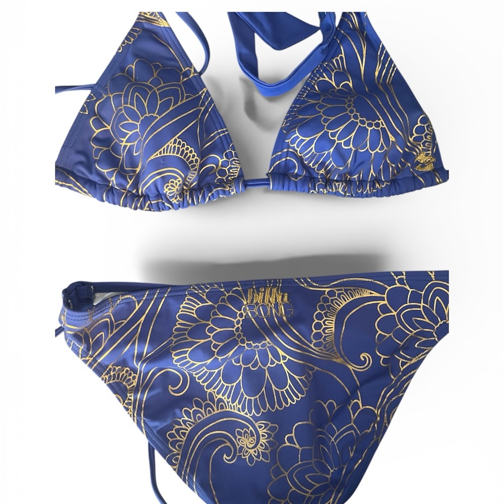 Billabong Blue and Gold Floral Triangle Bikini